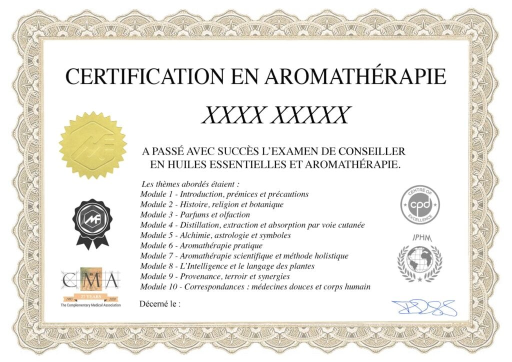Modèle du certificat de praticien en aromathérapie