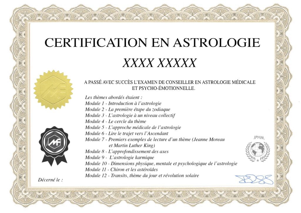 Modèle du certificat de praticien en astrologie