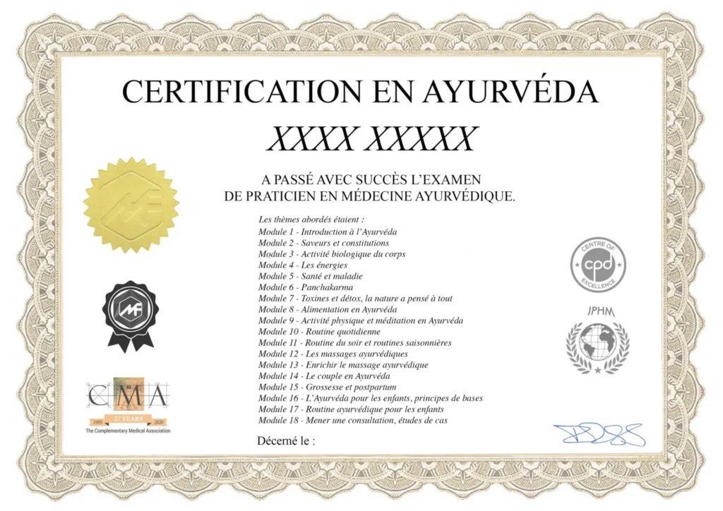 Modèle du certificat de praticien en Ayurvéda