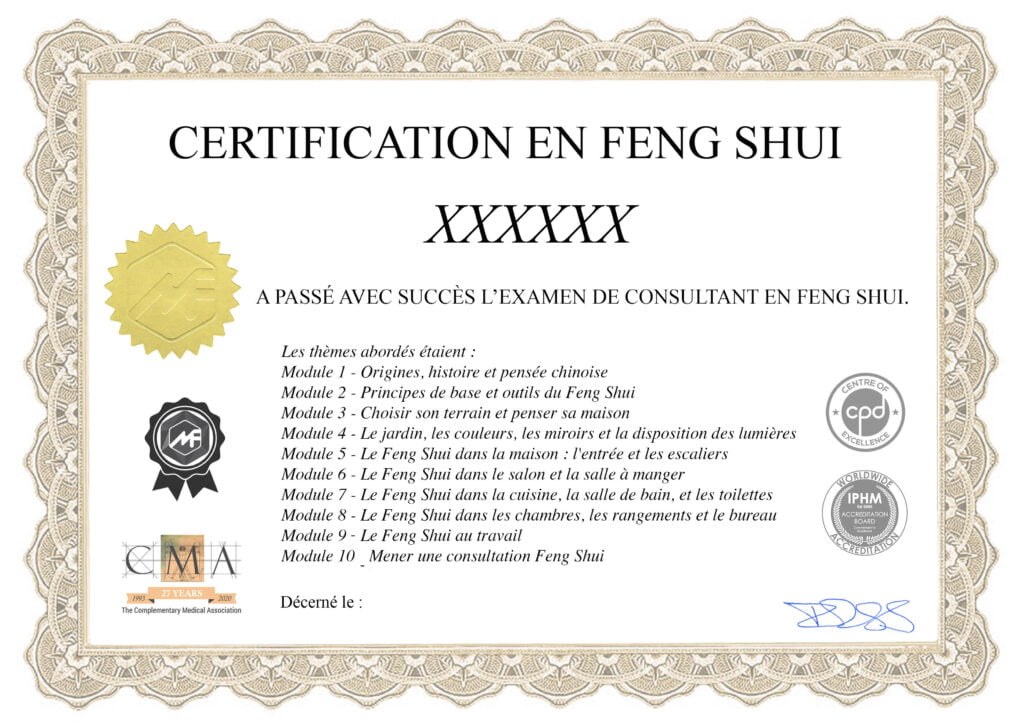 Modèle du certificat de consultant en Feng Shui