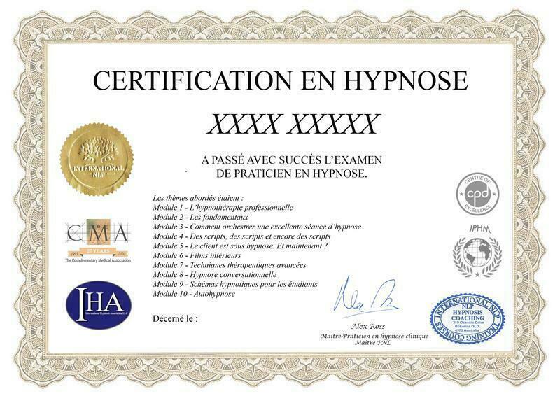 Modèle du certificat de praticien en hypnothérapie