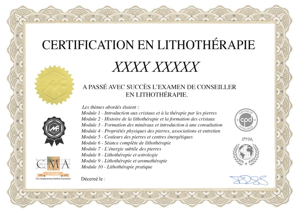 Modèle du certificat de praticien en lithothérapie