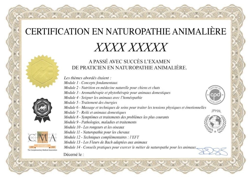 Modèle du certificat de naturopathe animalier remis à l'issue de la formation