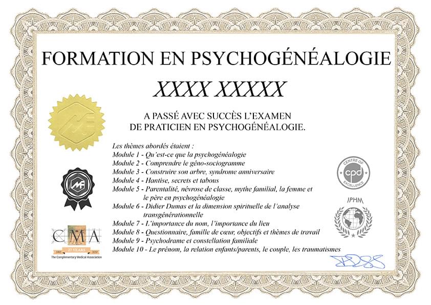 Modèle du certificat de praticien en psychogénéalogie
