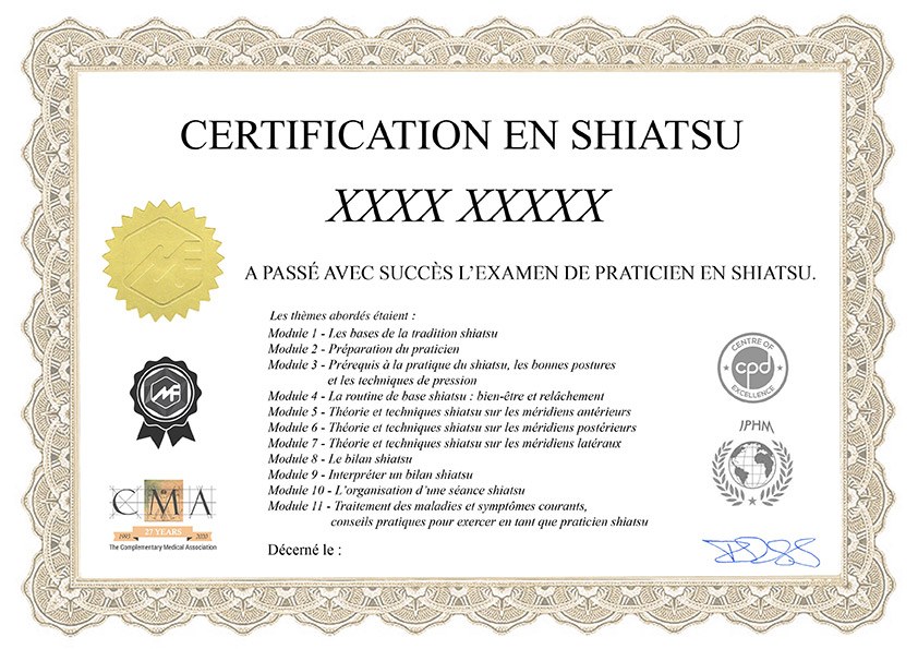 Modèle du certificat de praticien en shiatsu
