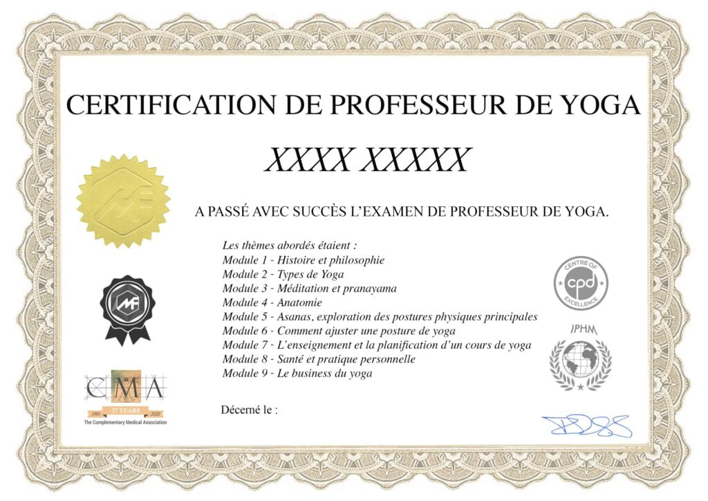 Modèle du certificat de professeur de yoga